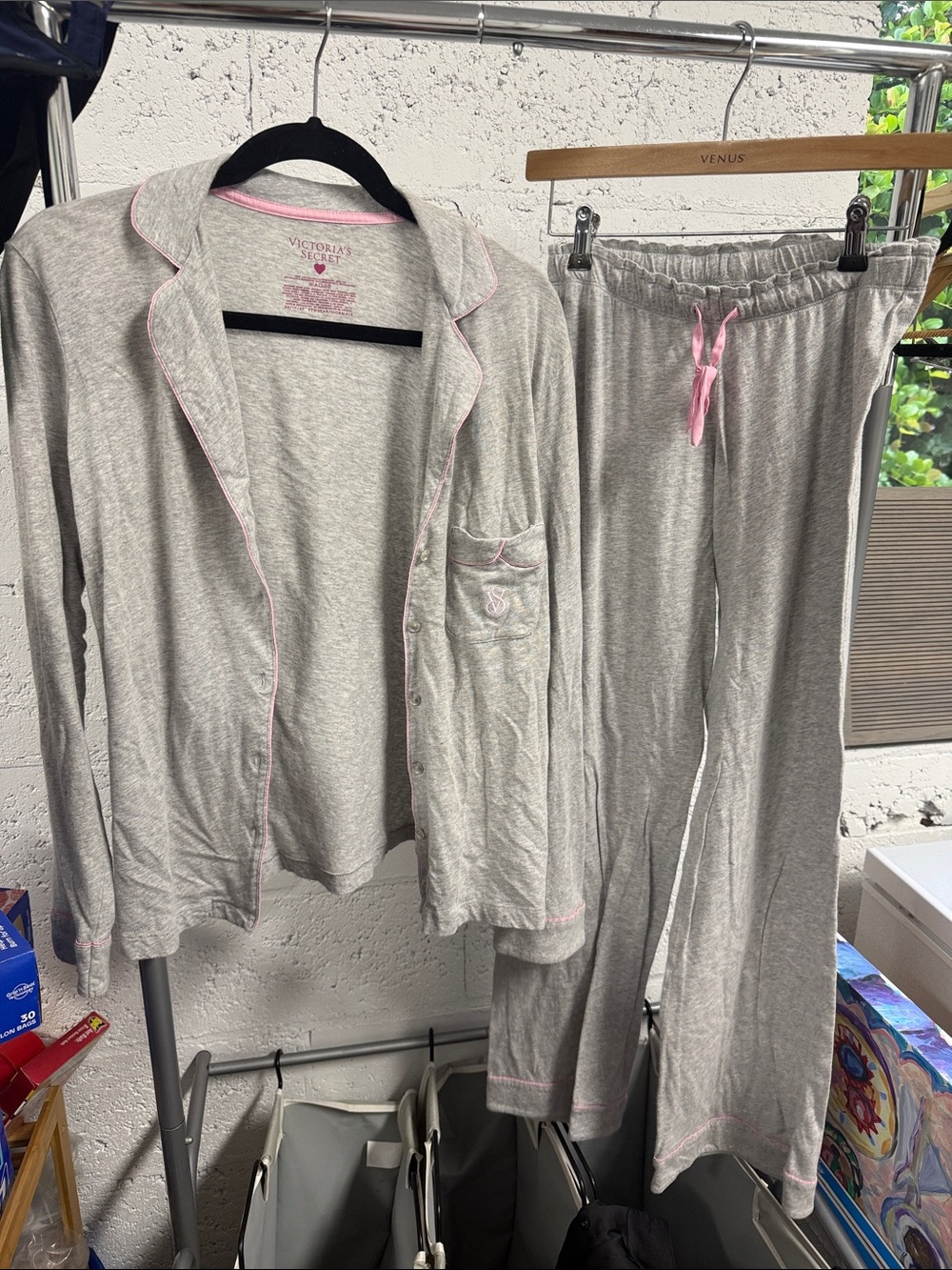 Victoria's Secret Light Gray Pajama Set with Pink Trim LIKE NEW Size XS